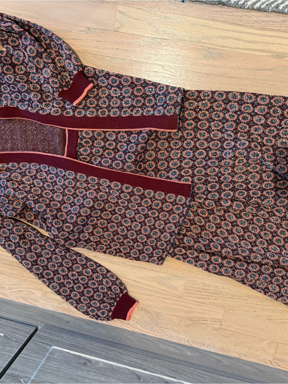 Wide Leg sweater and pants in Burgundy Geo Print pants on m and sweater in small